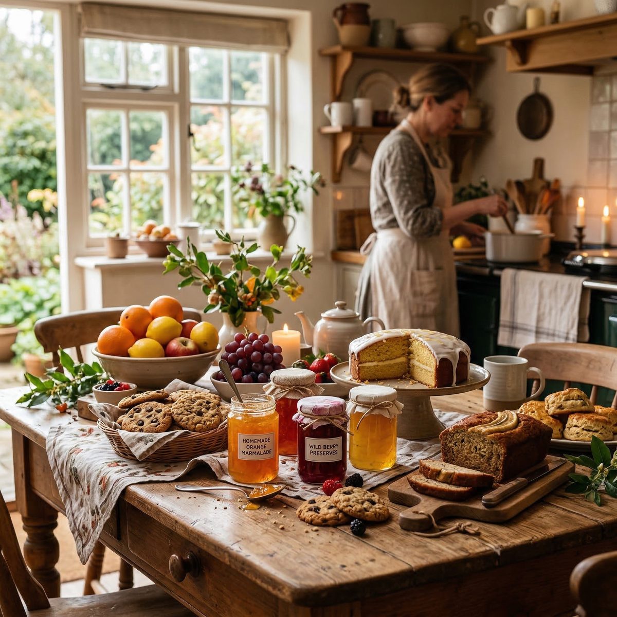 A warm cottage kitchen filled with homemade cake, jars of preserves, fresh fruit and bread on a wooden table, with a baker working at the stove in the background