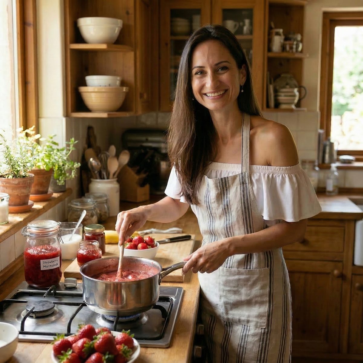 Theoni in her kitchen, simmering strawberry marmalade in a saucepan with jars of preserves and a bowl of fresh strawberries on the counter beside her